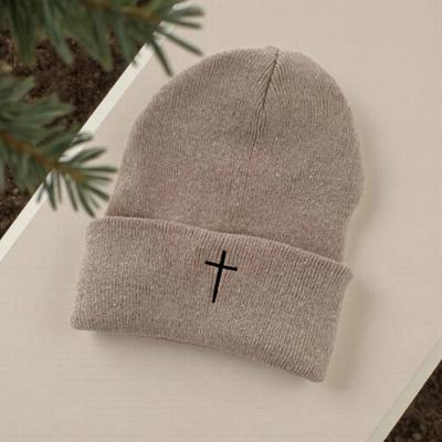 Embroidered Cross Beanie, Christian Knit Winter Hat for Women & Men, Faith Beanie in Oatmeal, Black or Grey, Religious Gift, Cozy Christian Hat