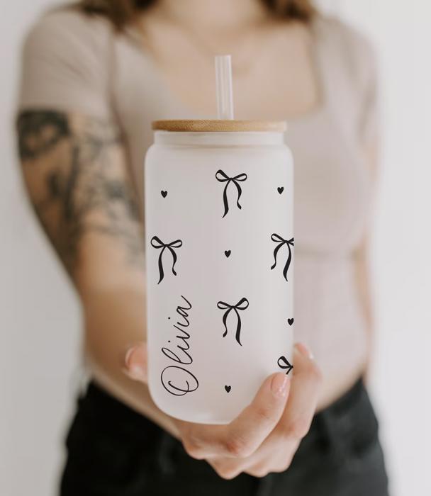 Personalized Iced Coffee Cup Floral Shell, Custom Can Glass with Lid and Straw, Bridesmaid Gift, Bachelorette Glass Cup, Bridesmaid Proposal