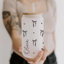 Black Bows (Frosted Cup) Personalized Iced Coffee Cup Floral Shell, Custom Can Glass with Lid and Straw, Bridesmaid Gift, Bachelorette Glass Cup, Bridesmaid Proposal