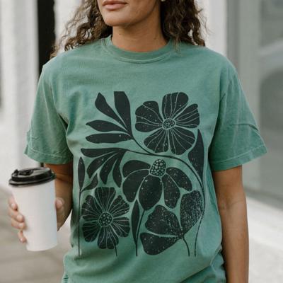 Black Floral Tee, Comfort Colors Crewneck T-Shirts for Women, Graphic Tee Cotton Tee