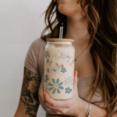 Personalized Blue Floral Glass Cup with Lid and Straw, Custom Iced Coffee Can Glass, Cute Floral Tumbler for Bridesmaids, Birthdays & Everyday Sips
