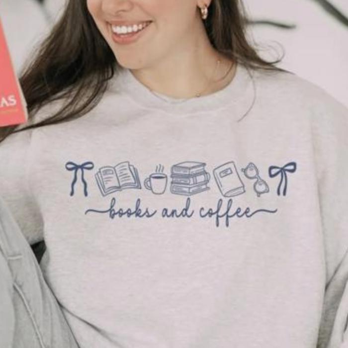 Books and Coffee Sweatshirt, Cozy Reading Crewneck, Bookworm Gift, Cute Fall Coffee Lover Pullover Sweater