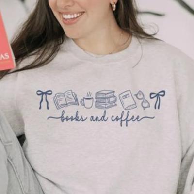 Books and Coffee Sweatshirt, Cozy Reading Crewneck, Bookworm Gift, Cute Fall Coffee Lover Pullover Sweater