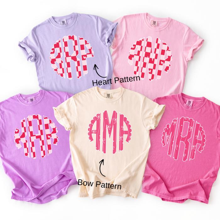 Custom Monogram Comfort Colors T-Shirt, Personalized Initial Tee, Heart or Bow Pattern, Gift for Her, Spring Pastel Colors