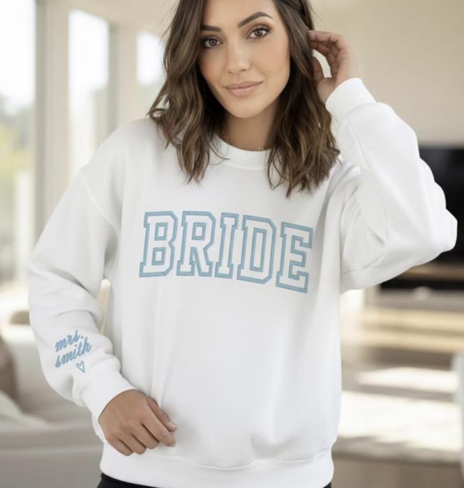Embroidered Bride Sweatshirt Crewneck, Personalized with Name and Wedding Date on Sleeve Sweater, Bridal Shower Gifts, Engagement Gift