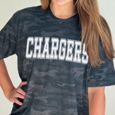 Personalized Camo Shirt for Women, Custom Team Name Graphic Tee, Football Baseball Basketball Spirit Wear, Chargers Camouflage T-Shirt, Custom Sports Shirt
