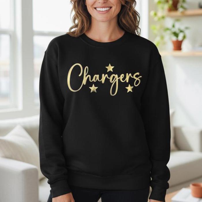 Personalized Gold Font Crewneck Sweatshirt, Personalized School Name Crewneck, Game Day Stars Sweater with Stars, Custom Sports Fan Gift