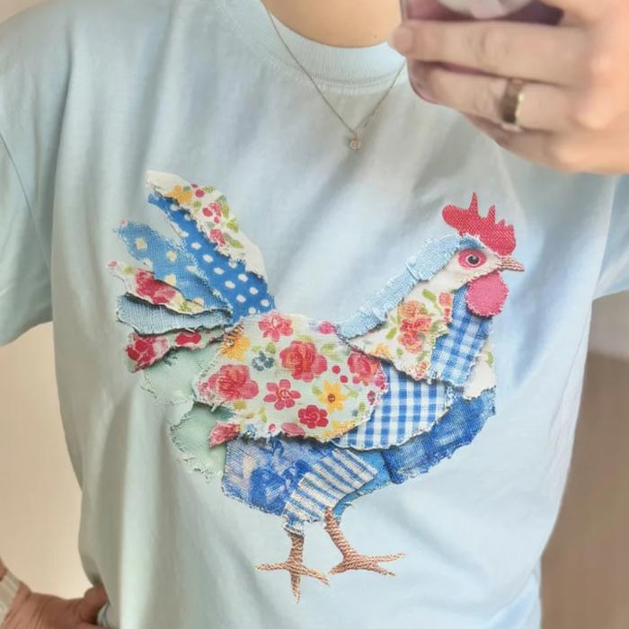 Chicken Faux Texture Patchwork, Cottagecore Hen Graphic Tee, Farmhouse Country Chicken T-Shirt, Vintage Floral Quilt Style Hen Top, Rustic Farm Gift