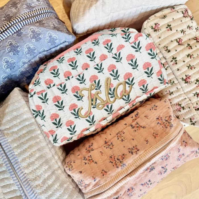 Personalized Block Pattern Floral Makeup Bag Embroidered Custom Gift Bridesmaid Gifts Quilted Toiletry Pouch Travel Cosmetic Case Gift