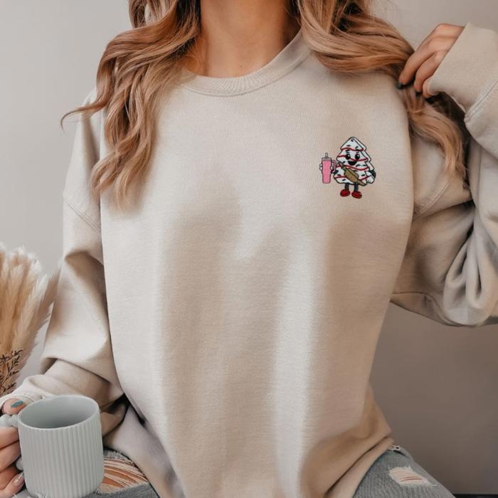 Embroidered Christmas Tree Cake Sweatshirt, Little Debbie Cake Inspired Embroidery Sweater, Holiday Treats Christmas Crewneck, Cute Festive Winter Pullover