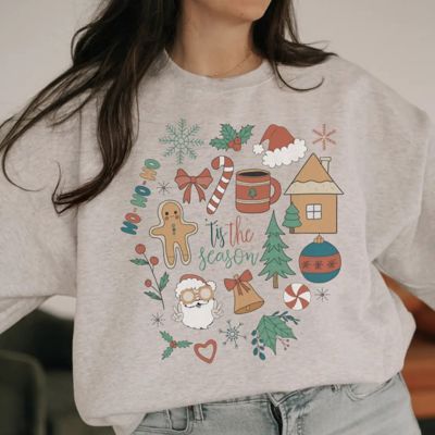 Christmas Doodle Sweatshirt, Cute Holiday Crewneck for Women, Cozy Christmas Sweater, Festive Graphic Pullover,  Winter Holiday Outfit