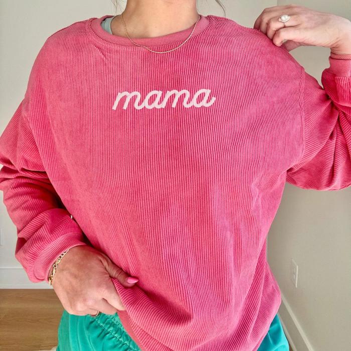 Embroidered Mama Corded Sweatshirt Crewneck Oversized, Mom to Be Gift, Sleeve Text, Personalized Gifts, Trendy Crewnecks for Women Mom Gifts