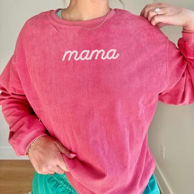 Embroidered Mama Corded Sweatshirt Crewneck Oversized, Mom to Be Gift, Sleeve Text, Personalized Gifts, Trendy Crewnecks for Women Mom Gifts