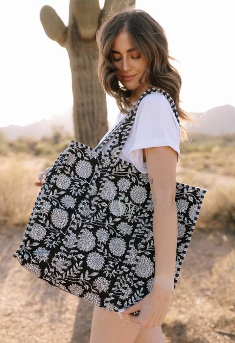 Embroidered Cotton Quilted Bag, Block Print Tote Bag for Women, Boho Travel Bag, Handmade Shoulder Purse, Large Floral Weekender, Bridesmaid