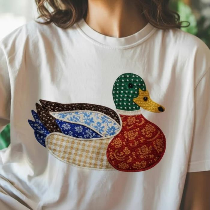 Duck Faux Texture Patchwork Shirt, Vintage Mallard Graphic Tee, Cottagecore Farm Animal Shirt, Quilted Style Duck T-Shirt, Country Aesthetic Gift