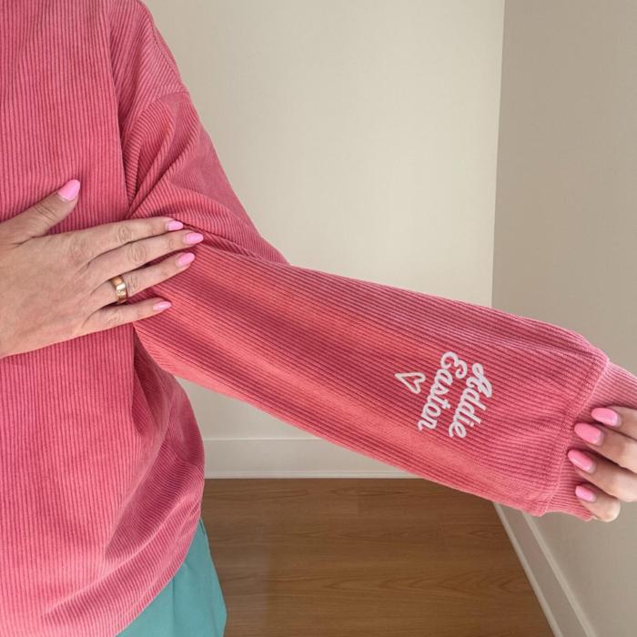 Embroidered Mama Corded Sweatshirt Crewneck Oversized, Mom to Be Gift, Sleeve Text, Personalized Gifts, Trendy Crewnecks for Women Mom Gifts
