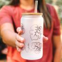 Pastel Montsera Personalized Iced Coffee Cup Floral Retro, Custom Can Glass with Lid and Straw, Bridesmaid Gift, Bachelorette Glass Cup, Bridesmaid Proposal