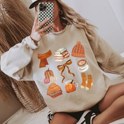 Fall Collage Crewneck Sweatshirt for Women, Cozy Autumn Pullover with Pumpkins, Coffee, Scarf & Florals – Cute Fall Aesthetic Sweatshirt, Preppy Thanksgiving Outfit
