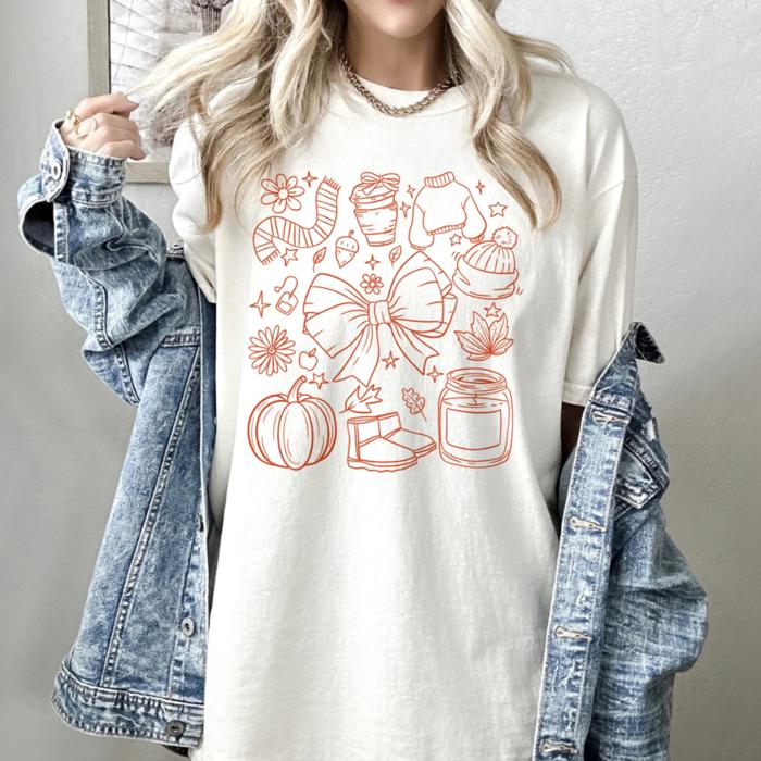 Fall Season Essentials Graphic Tee, Sketch Autumn Things Comfort Colors Shirt for Women, Cozy Vibes for Fall