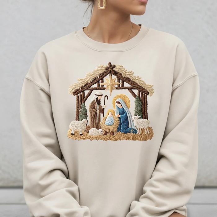 3D Nativity Sweatshirt, Christian Christmas Sweater, Holy Family Embroidery Crewneck, Religious Christmas Gift for Women, Neutral Faith Pullover