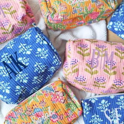 Personalized Block Pattern Floral Makeup Bag, Custom Gift Bridesmaid Gifts Embroidered Quilted Toiletry Pouch, Travel Cosmetic Case Gift