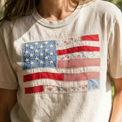 American Flag Faux Texture Patchwork Shirt, Vintage USA Flag Tee, Patriotic Cottagecore Quilt Style Shirt, Fourth of July Shirt, Rustic Americana Gift