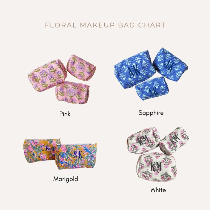 Personalized Block Pattern Floral Makeup Bag, Custom Gift Bridesmaid Gifts Embroidered Quilted Toiletry Pouch, Travel Cosmetic Case Gift