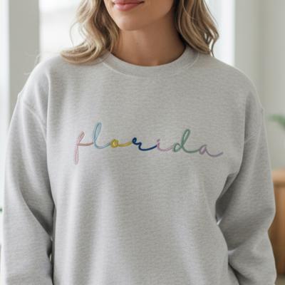 Custom Embroidered State Sweatshirt, Personalized Rainbow Script Crewneck, City Team Name Sweater, Home State Pride Gift