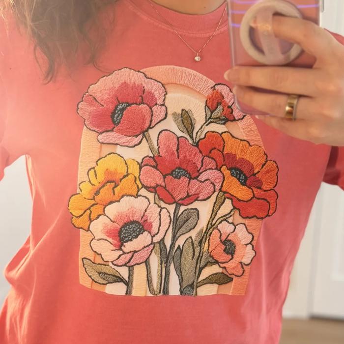 Floral Bouquet Faux Texture Shirt, Vintage Poppy Flower Tee, Cottagecore Botanical Graphic Tee, Retro Flower Garden Shirt, Feminine Nature Gift