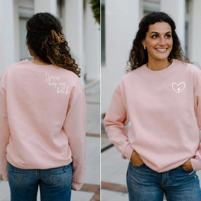 Jesus Has My Back Sweatshirt, Heart Cross Christian Sweatshirt, Faith Pink Crewneck, Christian Graphic Sweatshirt for Women