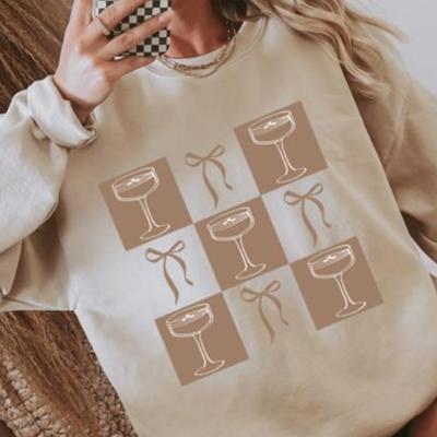 Bow & Espresso Martini Checkered Sweatshirt – Trendy Graphic Sweatshirt for Women, Cozy Espresso Martini Lover Gift