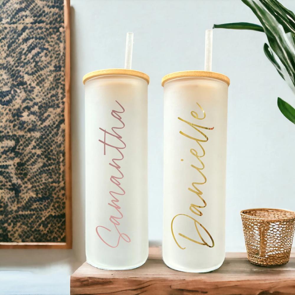 Glass Personalized Skinny Tumbler Bridesmaid Proposal, Future Mrs, Frosted Glass Tumbler, Bamboo Lid Coffee Cup, Coffee Cup With Name