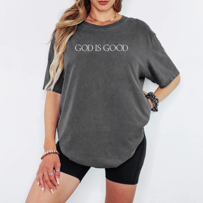 Embroidered God Is Good Minimal Christian Comfort Colors Tee, Neutral Comfort Colors Faith Shirt, Inspirational Religious Apparel