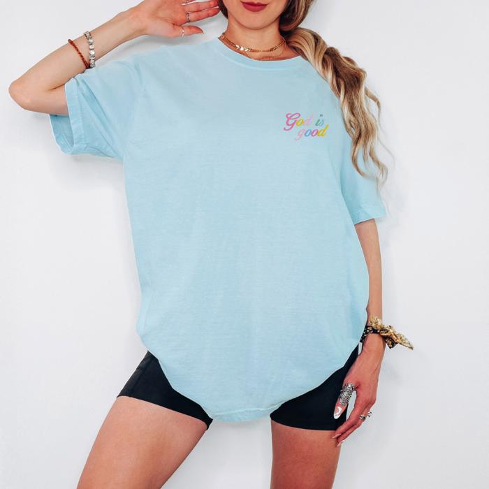 God Is Good Pastel Graphic Tee, Minimal Rainbow Christian T-Shirt, Small Front Print Faith Shirt for Women, Comfort Colors Shirt