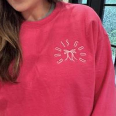 Embroidered God Is Good Sweatshirt – Minimalist Christian Crewneck with Bow Detail, Faith-Based Gift for Women