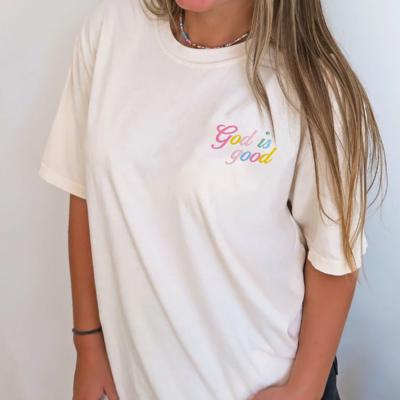 God Is Good Pastel Graphic Tee, Minimal Rainbow Christian T-Shirt, Small Front Print Faith Shirt for Women, Comfort Colors Shirt