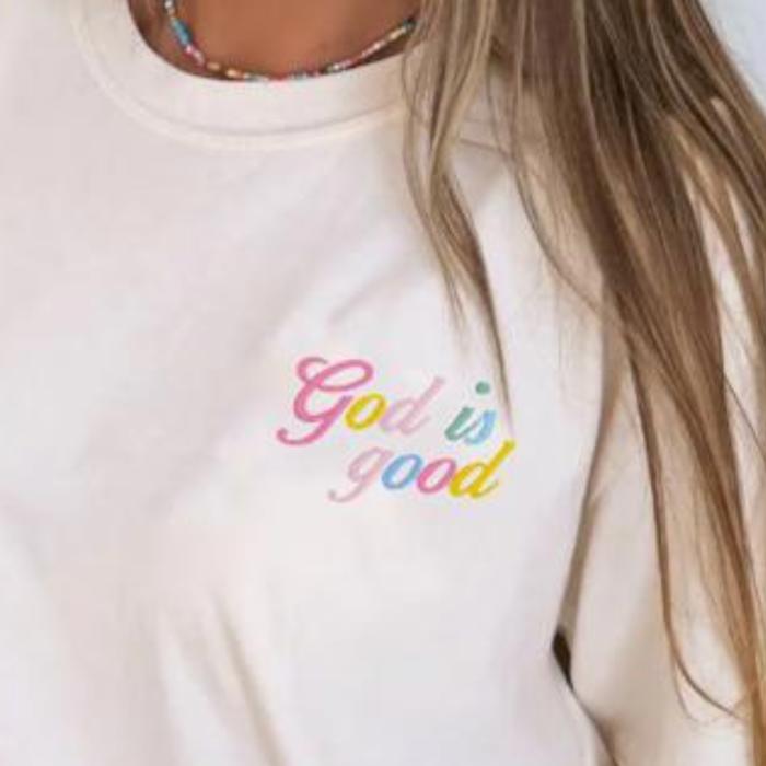 Embroidered God Is Good Pastel Graphic Tee, Minimal Rainbow Christian T-Shirt, Small Front Print Faith Shirt for Women, Comfort Colors Shirt