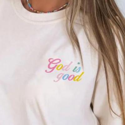 Embroidered God Is Good Pastel Graphic Tee, Minimal Rainbow Christian T-Shirt, Small Front Print Faith Shirt for Women, Comfort Colors Shirt