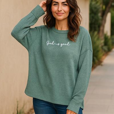 God Is Good Ribbed Sweater for Women, Lightweight Christian Pullover in Ash Mocha, Dusty Blue, or Ash Jade – Faith-Based Fall Outfit, Modest and Stylish Bible Verse Top