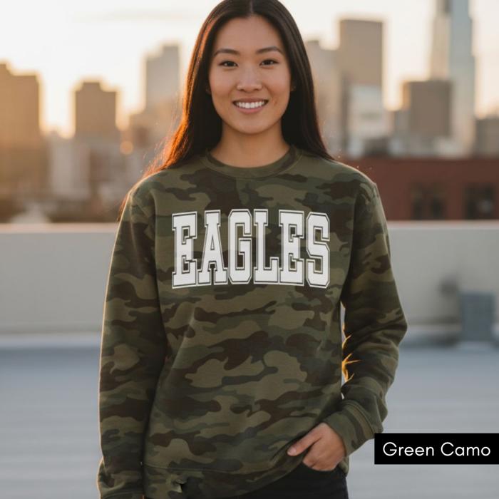 Custom Camo Sweatshirt, Personalized Varsity Letter Crewneck Pullover, Game Day Spirit Wear, Custom State Team or Mascot Sweater