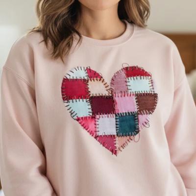 Patchwork Faux Texture Heart Sweatshirt, Pink Valentine Graphic Sweatshirt, Gildan Heart Crewneck, Valentine's Day Gift