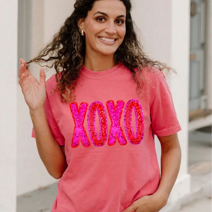 XOXO Sequin Comfort Colors Tee, Valentine's T-Shirts for Women, Valentine's Day Shirt Graphic Tee Cotton