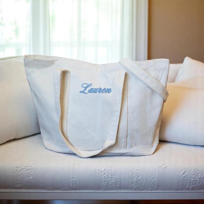 Embroidered Monogram Tote Bag Personalized Canvas Tote, Bridesmaid Gift, Custom Sailboat Tote Teacher Bag, Bachelorette Party Beach Bag