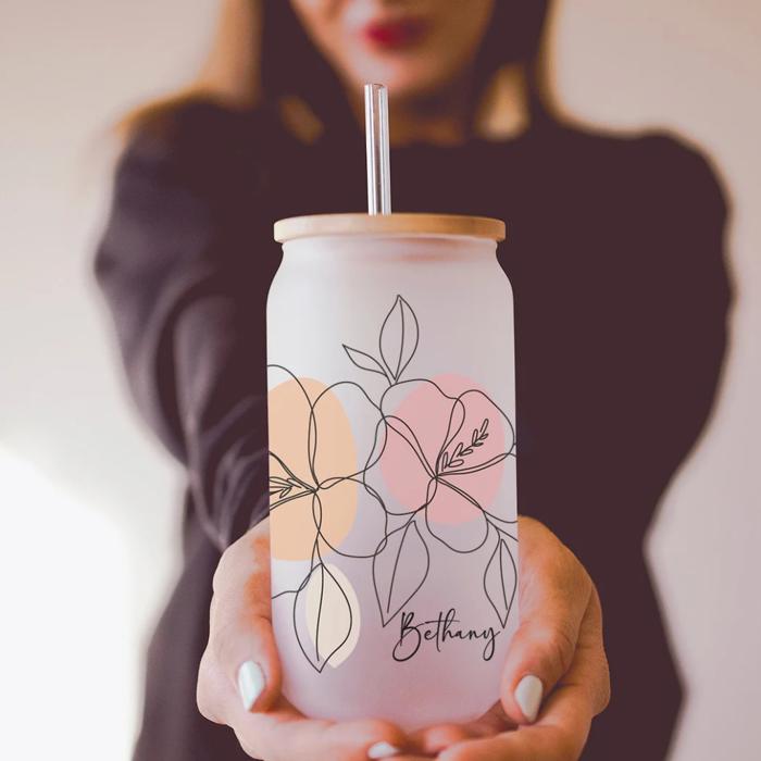 Personalized Iced Coffee Cup Floral Retro, Custom Can Glass with Lid and Straw, Bridesmaid Gift, Bachelorette Glass Cup, Bridesmaid Proposal