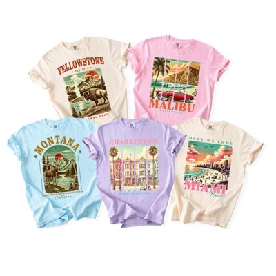 Postcard Paradise Vintage Travel Comfort Colors Tee, Destination Shirts for Women, Scenic Retro-Inspired Destination T-Shirts, Yellowstone, Miami, Malibu, Montana & Charleston
