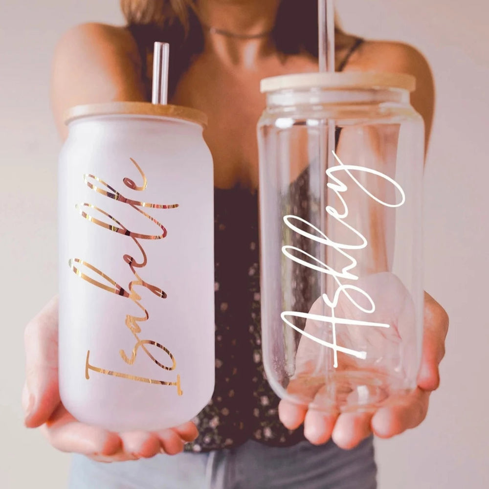 Personalized Tumbler Glass Bridesmaid Proposal, Future Mrs, Frosted Glass Tumbler, Bamboo Lid Coffee Cup, Maid Of Honor Gift, Name and Title 