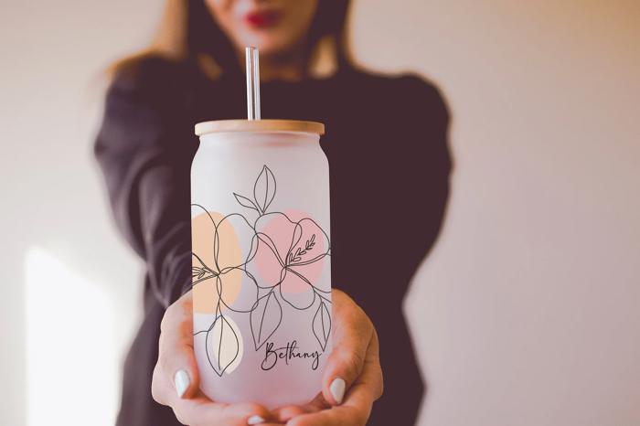 Personalized Iced Coffee Cup Floral Shell, Custom Can Glass with Lid and Straw, Bridesmaid Gift, Bachelorette Glass Cup, Bridesmaid Proposal