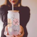 Modern Floral (Frosted Cup) Personalized Iced Coffee Cup Floral Shell, Custom Can Glass with Lid and Straw, Bridesmaid Gift, Bachelorette Glass Cup, Bridesmaid Proposal