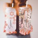 Retro Floral (Frosted Cup) Personalized Iced Coffee Cup Floral Shell, Custom Can Glass with Lid and Straw, Bridesmaid Gift, Bachelorette Glass Cup, Bridesmaid Proposal