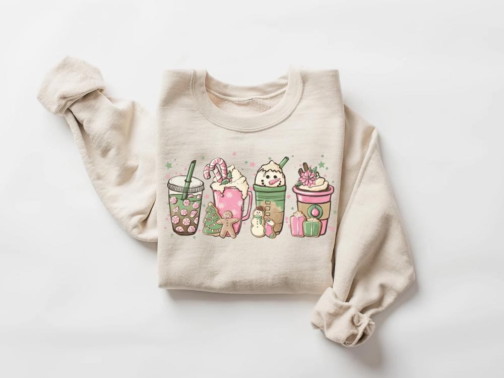 Pink Coffee Christmas Sweatshirt, Vintage Christmas Shirts for Women, Christmas Matching Sweatshirt, Family Shirt, Christmas Sweater